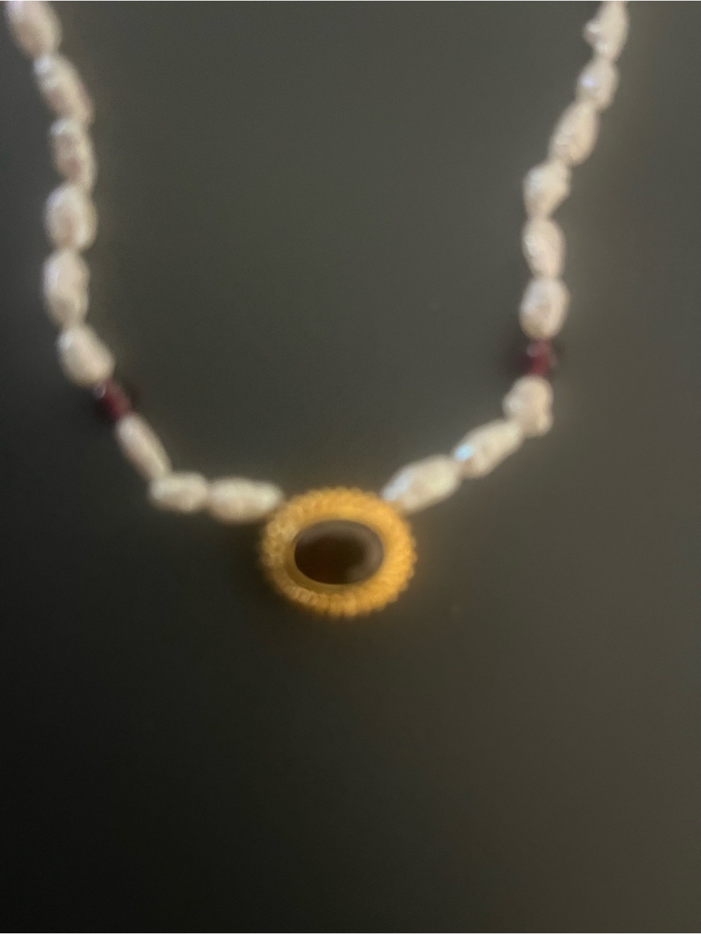 Pearl Necklace with Gold Ring and Garnet Accent Beads - Picture 2 of 3